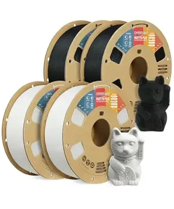Overture OVERTURE 4KG Bundle Matte PLA 3D Printer Filament, Matt Surface & Low Warping Filament 4 Pack 1kg Spool (2.2 lbs), Fit Most FDM Printers (Matte Black*2+Matte White*2)