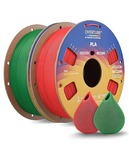 Overture OVERTURE 2KG Bundle High Speed PLA Filament, Neatly Wound 3D Printer Filament 2 Pack 1kg Spool (2.2lbs) Rapid PLA, Fit Most FDM 3D Printers (Red+Green)
