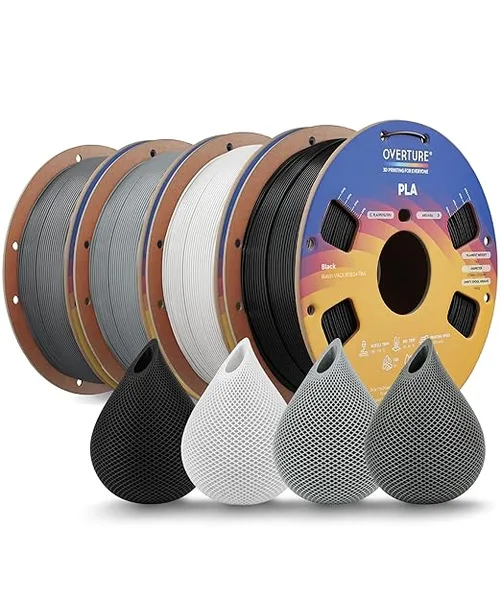 Overture OVERTURE 4KG Bundle High Speed PLA Filament, Neatly Wound 3D Printer Filament 4 Pack 1kg Spool (2.2lbs) Rapid PLA, Fit Most FDM 3D Printers (Black+White+Light Grey+Space Grey)