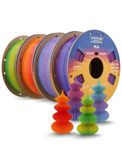 Overture OVERTURE 4KG Bundle Rainbow PLA Filament, Neatly Wound 3D Printer Filament 4 Pack 1kg Spool (2.2lbs), Fit Most FDM 3D Printers (4 Ranbiow Color)