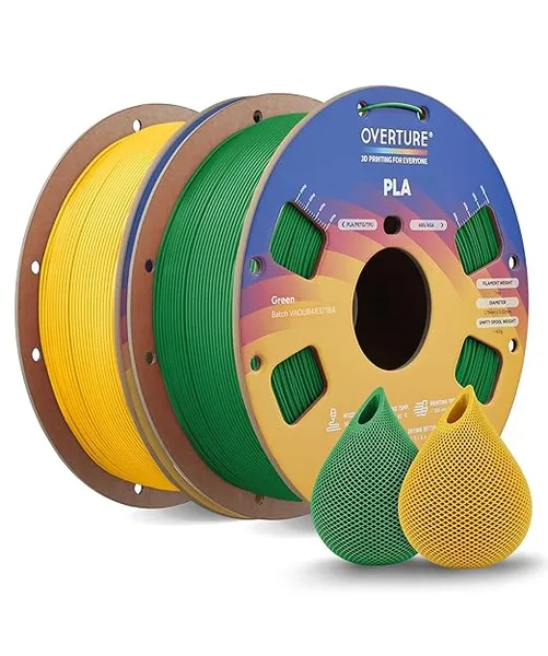 Overture OVERTURE 2KG Bundle High Speed PLA Filament, Neatly Wound 3D Printer Filament 2 Pack 1kg Spool (2.2lbs) Rapid PLA, Fit Most FDM 3D Printers (Green+Yellow)