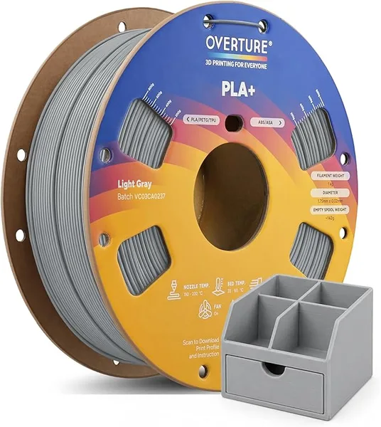 Overture OVERTURE High Speed PLA+ 3D Printer Filament, Upgraded Rapid PLA 2.0 with Enhanced Toughness & Stability, 1kg Spool (2.2lbs) Fit Most FDM 3D Printers (Light Gray)