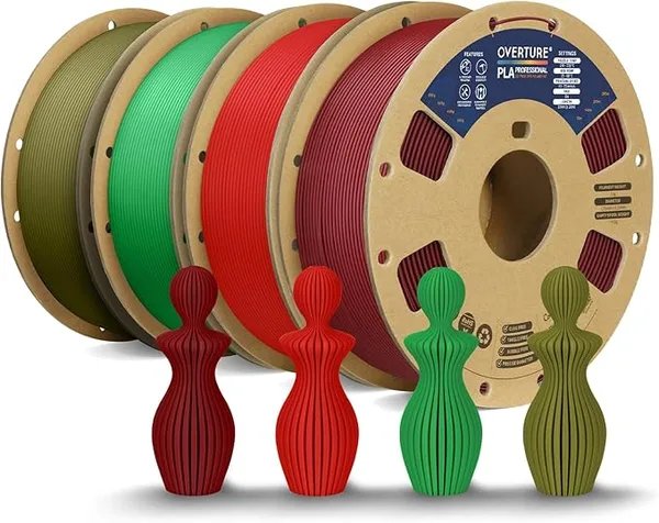 Overture OVERTURE 4KG Bundle PLA Plus (PLA+) Filament, Stronger & More Durable, Professional Toughness 3D Printer Filament 1kg (2.2lbs) 4 Pack (Wine+Red+Green+Army Green