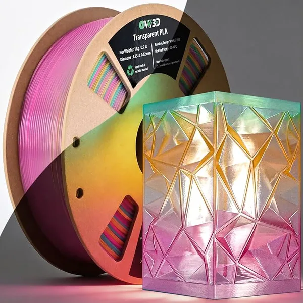 OVV3D OVV3D Transparent Rainbow PLA Filament, Multicolor Purple Green Orange Translucent 3D Printer Filament, Clear PLA Gradient Color Change, Spool 1KG, +/-, Fit Most FDM 3D Printers