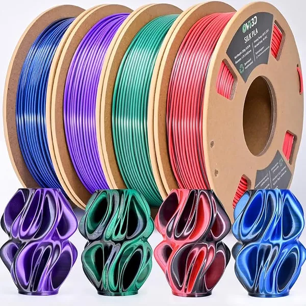 OVV3D OVV3D Silk PLA 3D Printer Filament Bundle 250g x 4 Spools, Shiny Dual Color Filament Pack, Multi Color Change 3D Printing Filament, High Gloss Shine, 4 Pack (Black - Purple, Red, Green, Blue)