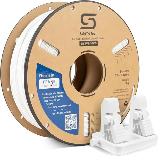 Siraya Tech Siraya Tech Fibreheart PPA-GF 3D Printer Filament, 15% Glass Fiber Reinforced High Temperature Nylon, Extreme Strength & High-Temp Resistance (185°C+), Low Moisture for Accurate Prints (1kg, White)