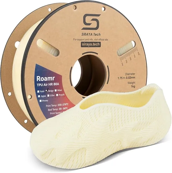 Siraya Tech Siraya Tech Roamr TPU Air HR 80A Filament, 48-50% High Rebound, Foaming Flexible 3D Printer Filament, 64A-80A Variable Hardness, Matte Finish for Footwear, Midsoles, and Orthotics (800g, Beige)