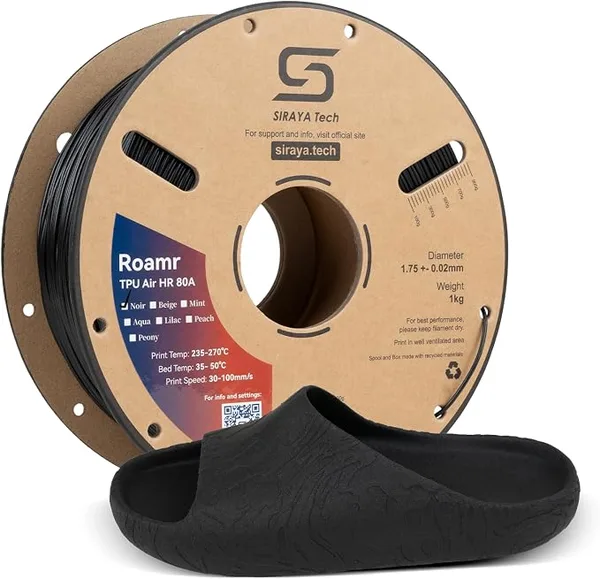 Siraya Tech Siraya Tech Roamr TPU Air HR 80A Filament, 48-50% High Rebound, Foaming Flexible 3D Printer Filament, 64A-80A Variable Hardness, Matte Finish for Footwear, Midsoles, and Orthotics (800g, Noir)