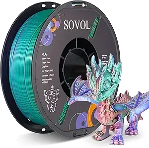 Sovol Sovol Silk PLA Filament Tri Color Co-Extrusion, 3D Printer Filament 1kg/ 2.2lbs, Shiny Silk Copper Purple Green 3 in 1 Coextrusion PLA Material +/-