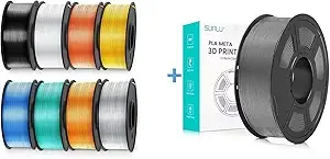 SUNLU SUNLU 250g PLA Silk Filament Bundle and PLA Meta 3D Printer Filament Grey,Dimensional Accuracy +/-, 0.25 kg Spool, 8 Rolls, Black+White+Light Gold+Silver+Brass+Red