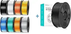SUNLU SUNLU 250g PLA Silk Filament Bundle and PLA Meta Black, 3D Printer Filament, Dimensional Accuracy +/-, 0.25 kg Spool, 8 Rolls, Black+White+Light Gold+Silver+Brass+Red Copper+Blue+Green