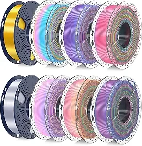 SUNLU SUNLU 3D Printer Filament Bundle, PLA Silk Rainbow Filament Multicolor, Fast Color Change Each 8 Meters, Individually Vacuum Packed, 250g Spool, 8 Rolls, 2kg Total, 6 Silk Rainbow+Light Gold+Silver