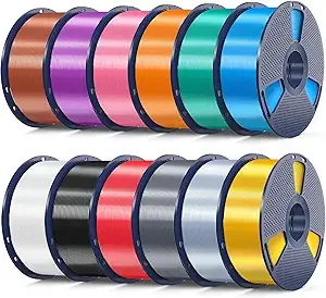 SUNLU SUNLU 12KG 3D Printer Silk PLA Filament Bundle, Silk Filament+/-, 1KG Spool(2.2 LBS), Total 12KG, Light Gold+Silver+Black+White+Grey+Red+Blue+Green+Orange+Pink+Purple+Red Copper