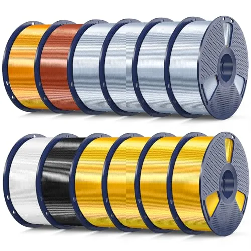 SUNLU SUNLU 12KG 3D Printer Silk PLA Filament Bundle, Silk Filament+/-, 1KG Spool(2.2 LBS), Total 12KG, Light Gold*4+Silver*4+Black+White+Red Copper+Brass