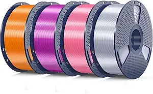 SUNLU SUNLU Silk PLA Filament 4KG, Smooth Silky Surface, Silk 3D Filament, Dimensional Accuracy +/-, 1kg Spool(2.2lbs), Total 4KG, Silver+Pink+Purple+Orange