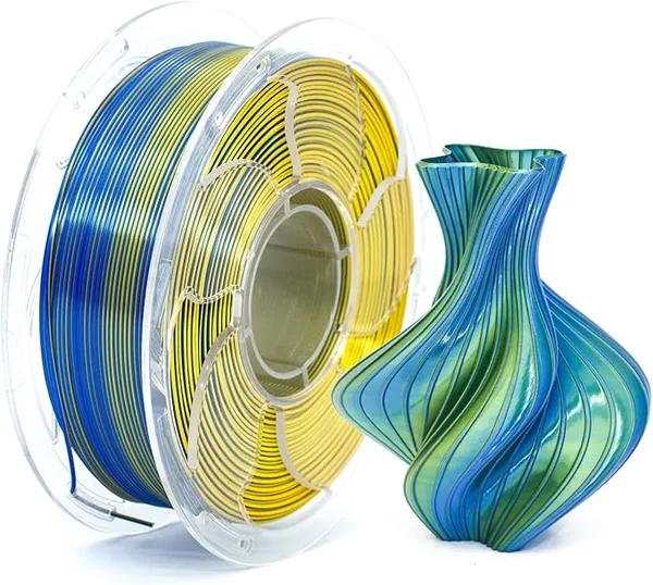 Toksen 3D PLA Filament Silk Dual Bi Color Blue Gold, Coextrusion 3D Printer Filament with Shiny Silk Rainbow, 1kg (2.2lbs) Spool Neatly Wound Smooth Color Transition 3D Printing Rods