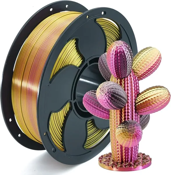 Toksen 3D PLA Filament Silk Tri Color Gold Fuchsia Black, Coextrusion 3D Printer Filament with Shiny Silk Rainbow, 1kg (2.2lbs) Spool Neatly Wound Smooth Color Transition 3D Printing Rods