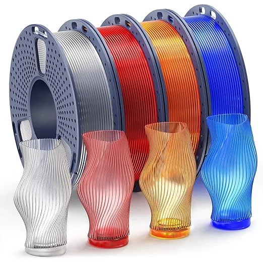 Yoopai SUNLU Clear PLA Filament Bundle, 3D Printer Filament Bundle Multicolor, Individually Vacuum Packed, 250g Spool, 4 Rolls, Transparent Series-Clear+Red+Orange+Blue