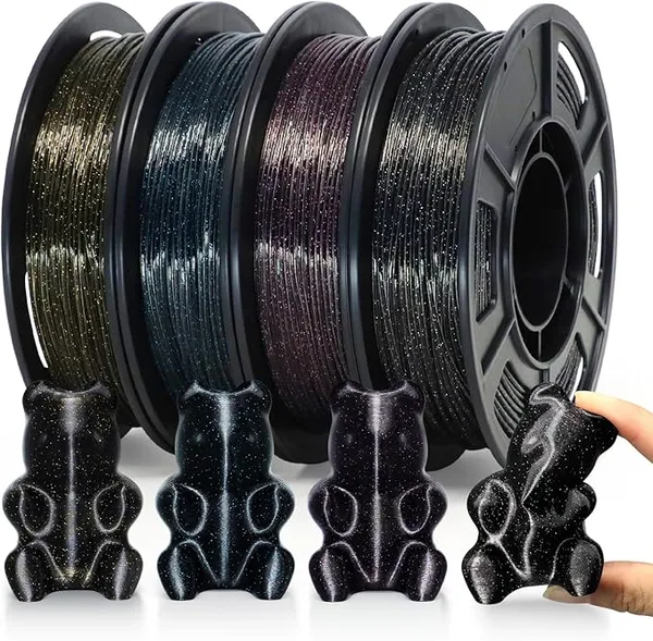 Yousu YOUSU Galaxy Black TPU Filament Bundle, 95A (42D) Flexible 3D Printer Filament, Galaxy Glitter with Starry Sparkle Effect,250g Spool,4 Rolls,TPU Black Filament Glitter Gold+Blue+Purple+Colored