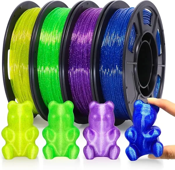 Yousu YOUSU Transparent Galaxy TPU Filament Bundle, 95A (42D) Flexible Soft 3D Printer Filament, Transparent Clear TPU Galaxy with Starry Sparkle Effect,250g Spool,4 Rolls,Blue+Purple+Yellow+Green