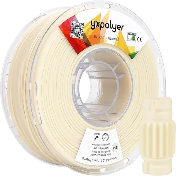 YXPOLYER Nylon Glass Filled Filament Nylon Glass Fiber 3D Printer Filament PA6-GF Dyable Nautre White, with AMS-Compatible Reusable PC Spool (PA6-GF White)