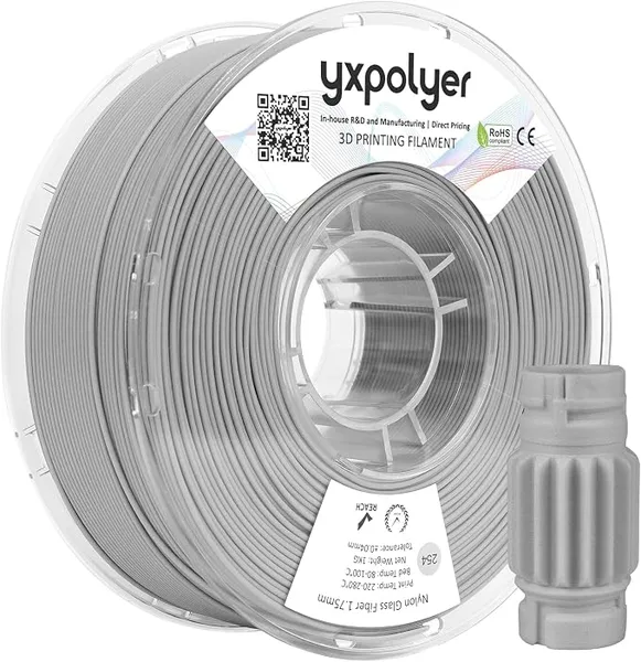 YXPOLYER Nylon Glass Filled Filament Grey Nylon Glass Fiber PA GF 3D Printer Filament PA6-GF 1kg with Reusable PC Spool